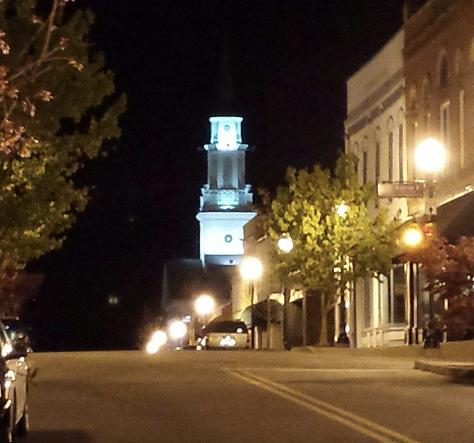 night time View of the steeple of First Baptist Church Opelika from downtown.