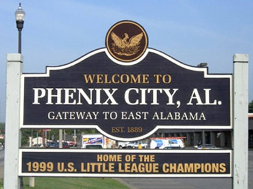 Phenix City town sign. gateway to East Alabama