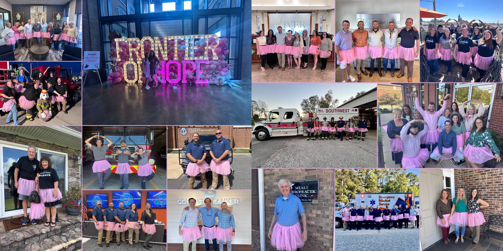 Auburn and Opelika community members participating in the Tutu Project fundraiser, wearing pink tutus to support breast cancer awareness alongside Kent McCown Group.