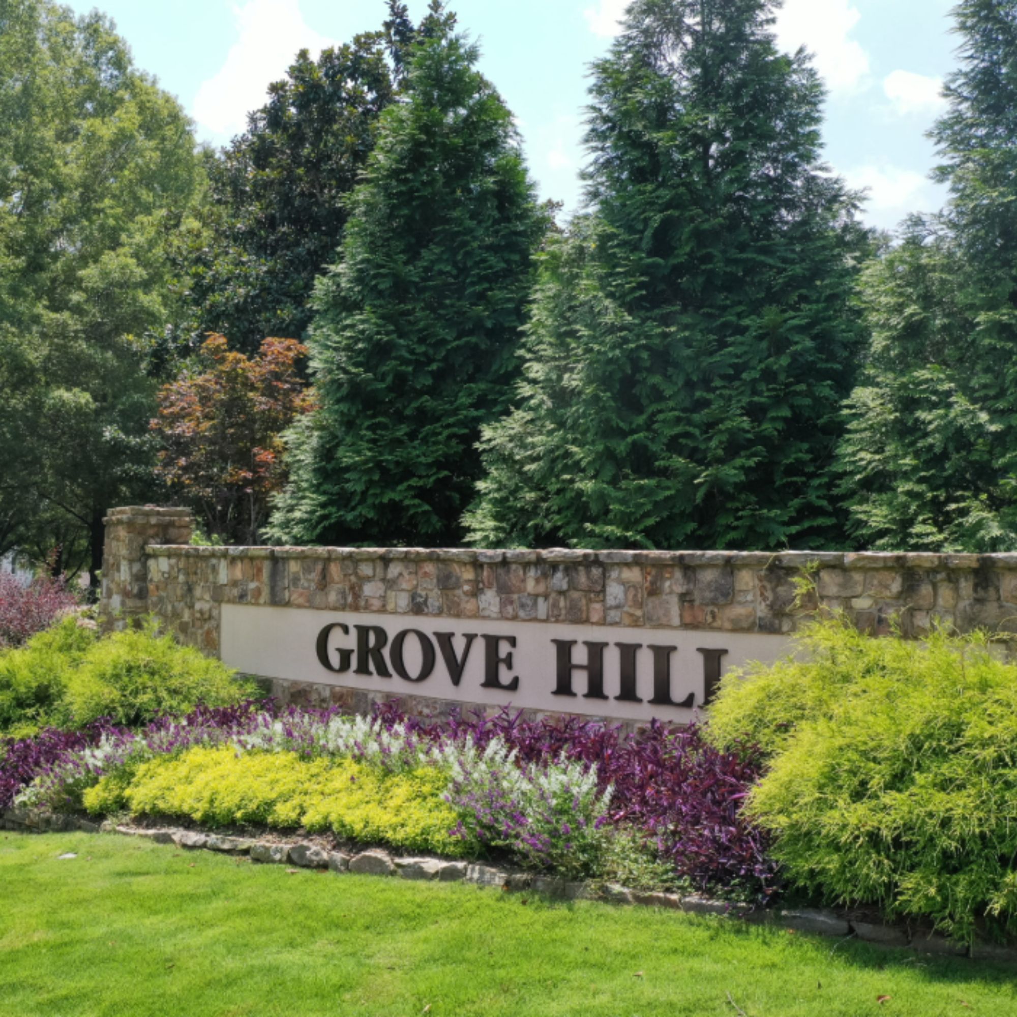 Grove Hill neighborhood in Auburn Alabama with older traditional homes and newer construction homes with mature trees.