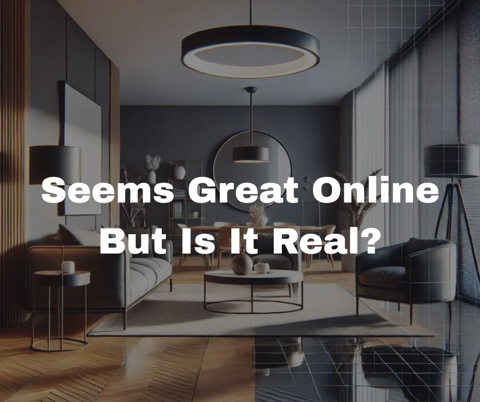 AI-staged living room example showing a modern interior that appears polished but may not reflect the home’s true layout or condition