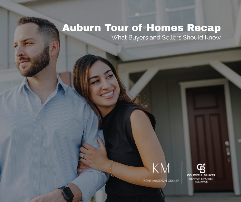 Couple standing outside a home during the Auburn Tour of Homes with overlay text about what buyers and sellers should know from the event.