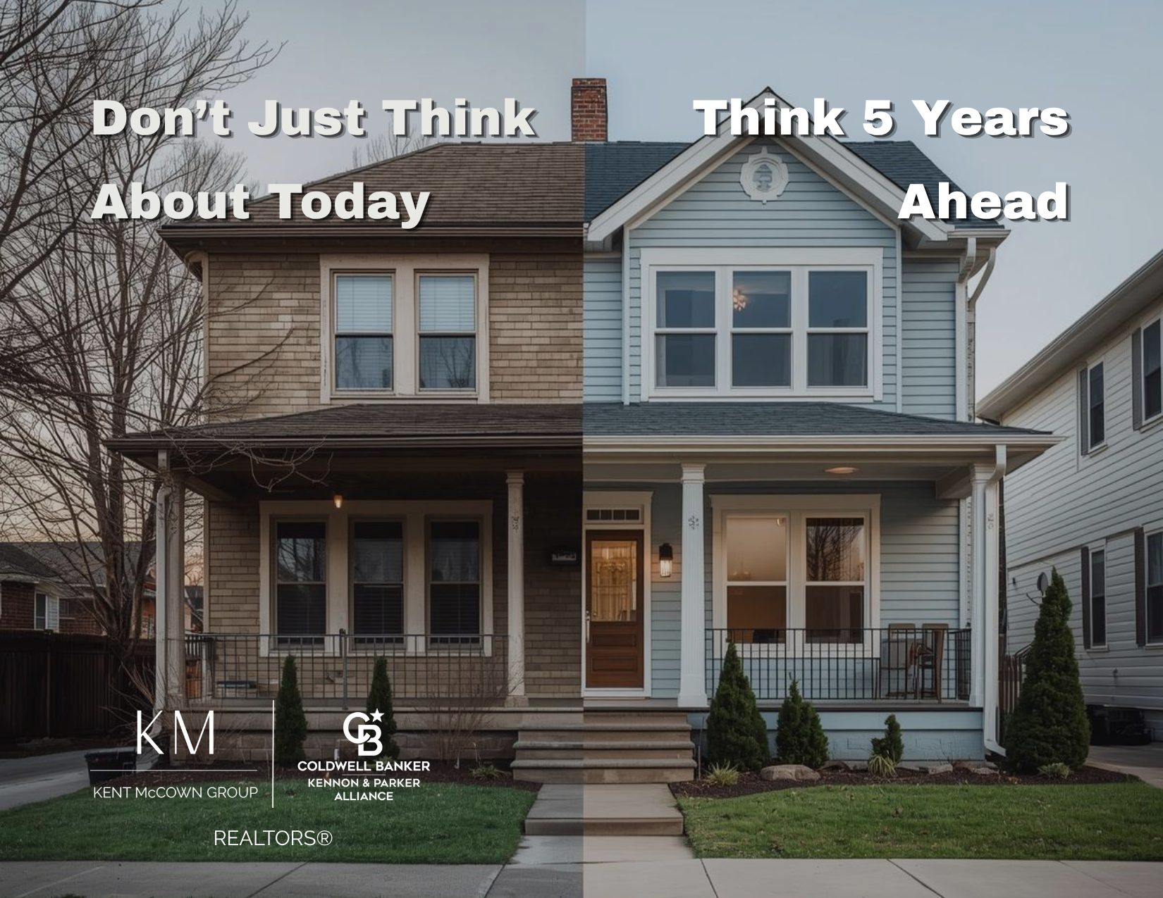 Split image of a home showing an older exterior on one side and a modern remodeled version on the other, representing buying for future value.