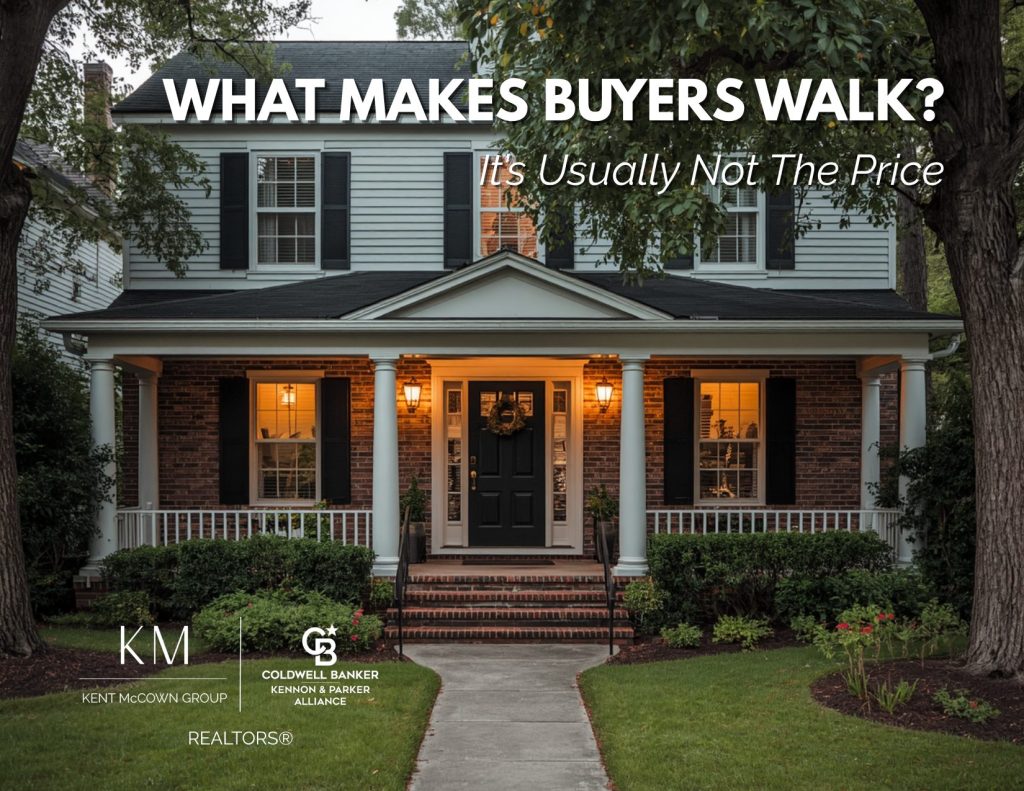 Beautiful traditional home exterior in Auburn Opelika style neighborhood with overlay text “What Makes Buyers Walk? It’s Usually Not The Price,” highlighting buyer concerns that affect home sales such as curb appeal and maintenance.