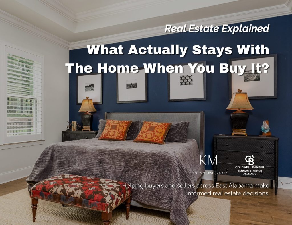Bedroom with a navy accent wall, framed artwork, bedside lamps, and a patterned bench at the foot of the bed. The image is branded "Real Estate Explained" and introduces the topic "What Actually Stays With the Home When You Buy It?" by Kent McCown Group, educating home buyers about fixtures and personal property in a real estate transaction.