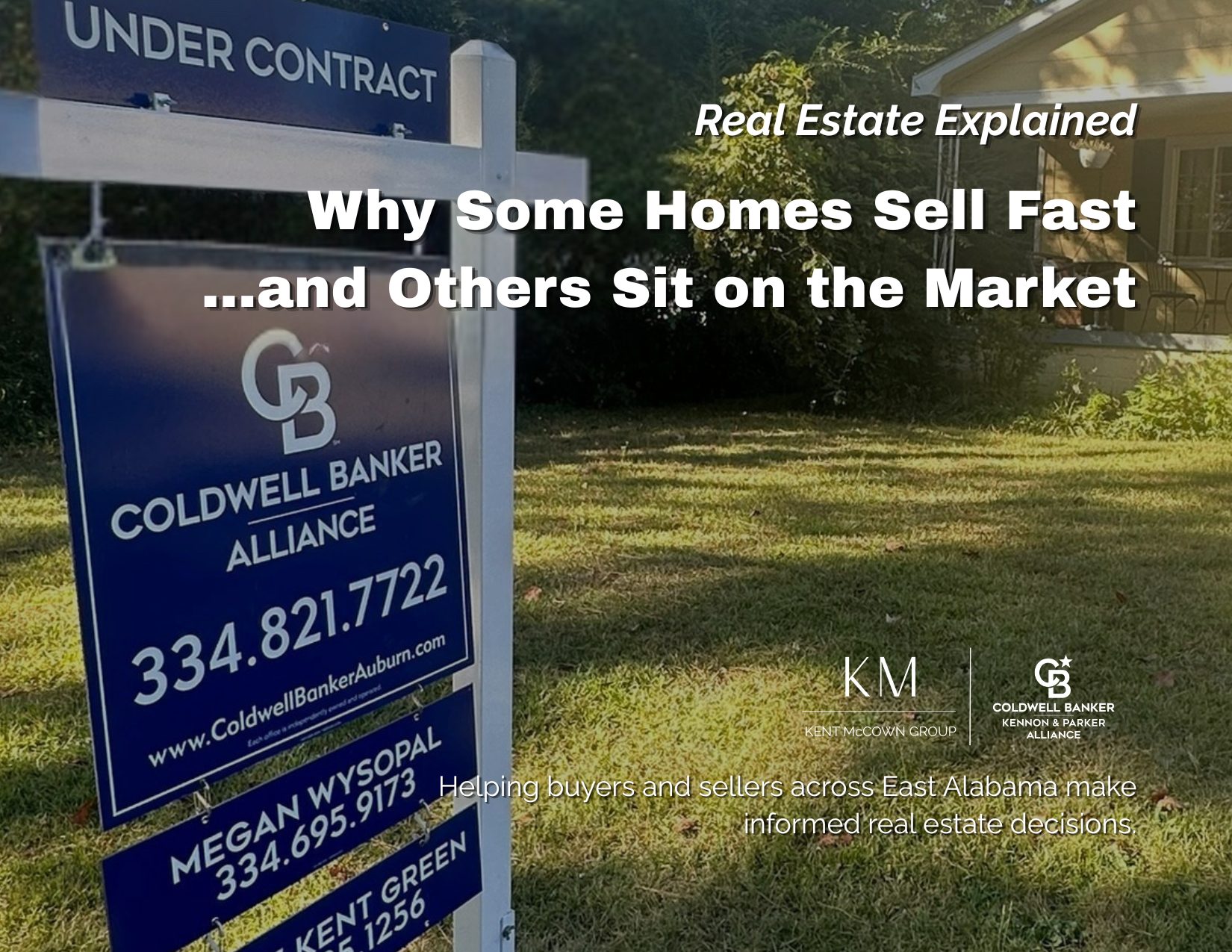 Real Estate Explained graphic featuring a home with a Coldwell Banker "Under Contract" sign in the front yard. The image introduces the topic "Why Some Homes Sell Fast...and Others Sit on the Market," educating homeowners about the factors that influence how quickly a home sells, including pricing, marketing, presentation, and timing.