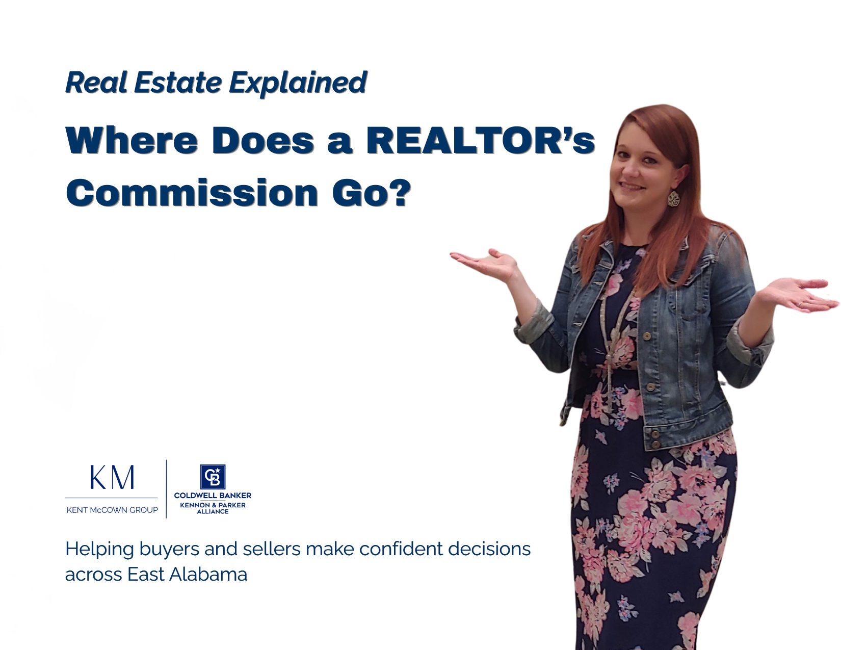 A clean white promotional graphic for the "Real Estate Explained" series featuring REALTOR® Corrie Green smiling with her hands raised in a shrug. The headline reads, "Where Does a REALTOR's Commission Go?" The graphic introduces an educational article explaining how real estate commissions work, how compensation is negotiated and divided, and the business expenses involved in running a real estate business. The footer states that the Kent McCown Group helps buyers and sellers make informed real estate decisions across East Alabama.