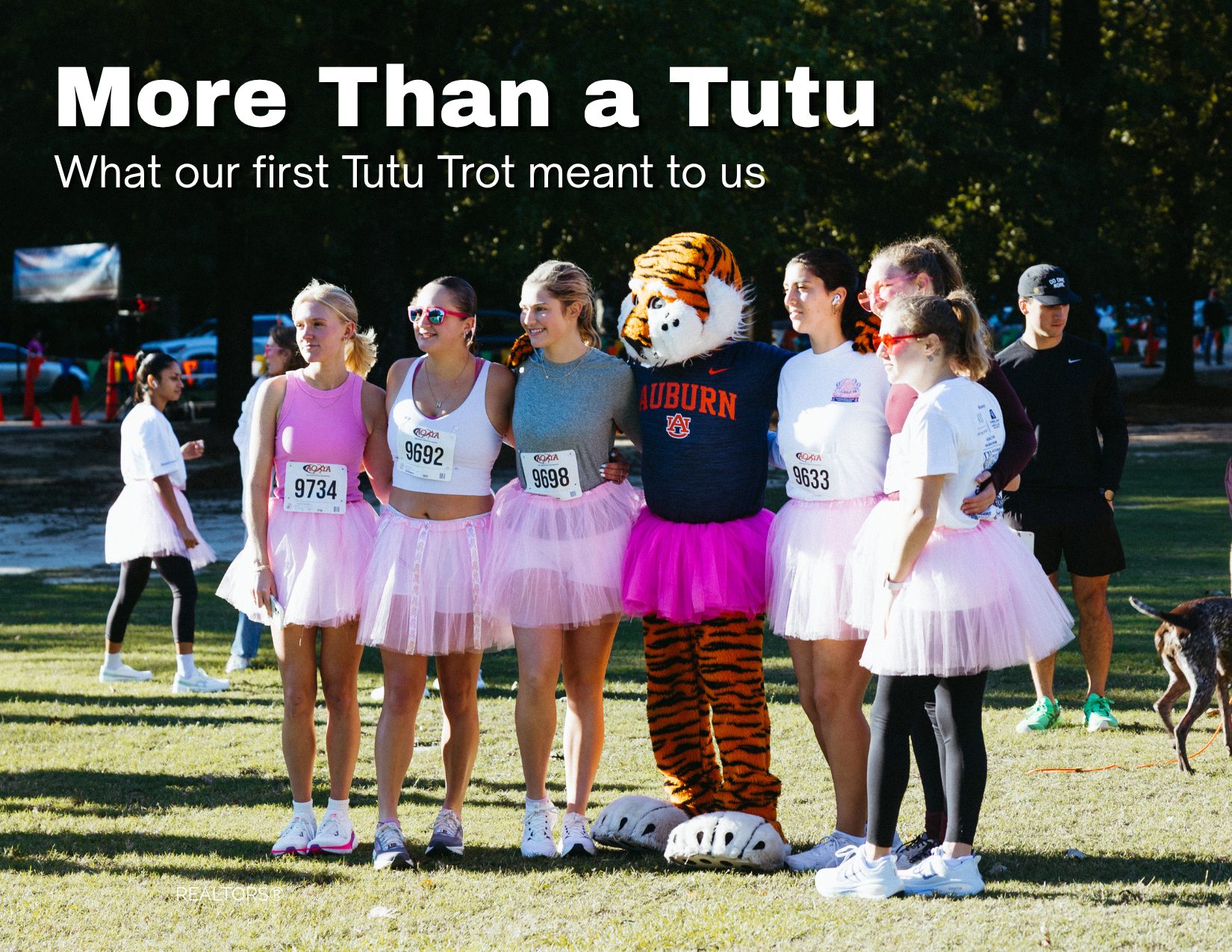 Runners in pink tutus pose with Aubie at the Tutu Trot 5K in Auburn. Text reads, “More Than a Tutu: What our first Tutu Trot meant to us.”